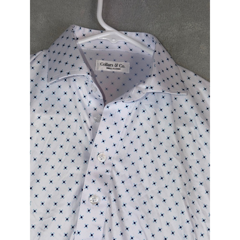 Collars & Co. Mens‎ Small Classic White Geometric Print Short Sleeve Polo Shirt